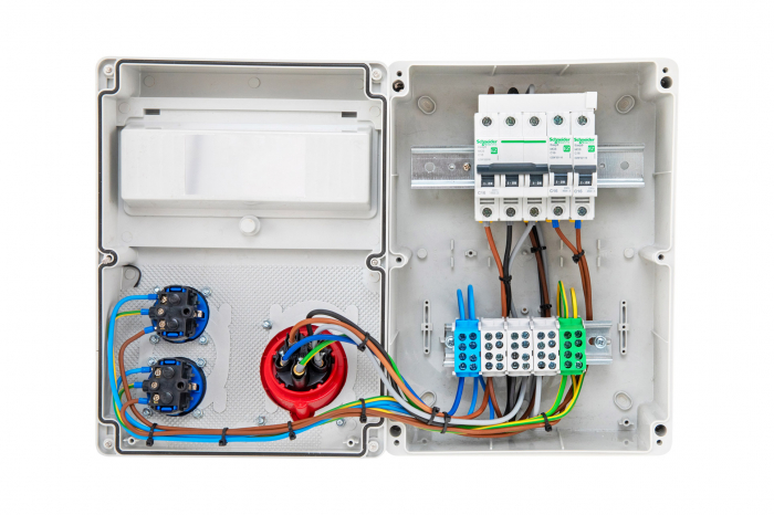 Tablou electric echipat cu o priza trifazica 16A 3P+N+E  si 2 prize monofazice schuko 16A precablat, cu sigurante SCHNEIDER, organizare de santier, distributie IP44 [8]