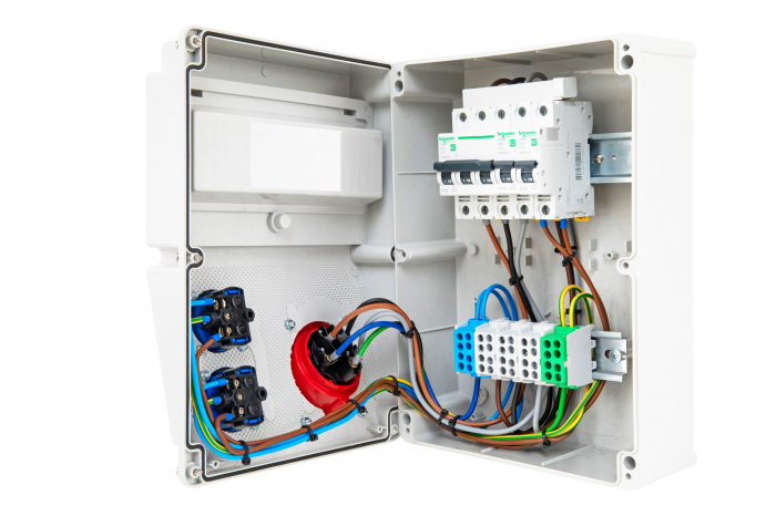 Tablou electric echipat cu o priza trifazica 16A 3P+N+E  si 2 prize monofazice schuko 16A precablat, cu sigurante SCHNEIDER, organizare de santier, distributie IP44 [7]