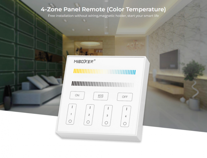 Telecomandă albă Mi-Light MiBoxer cu 4 zone, montată pe perete, control al temperaturii și luminozității culorii DIM+CCT B2 [4]