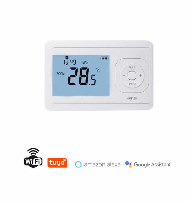 Termostat de cameră digital wireless Wifi programabil Tuya, Alexa, Google, -5°C – +30°C, senzor NTC 10K, IP30 , alimentare cu 2 × baterii AAA (nu sunt incluse) și USB-C [2]