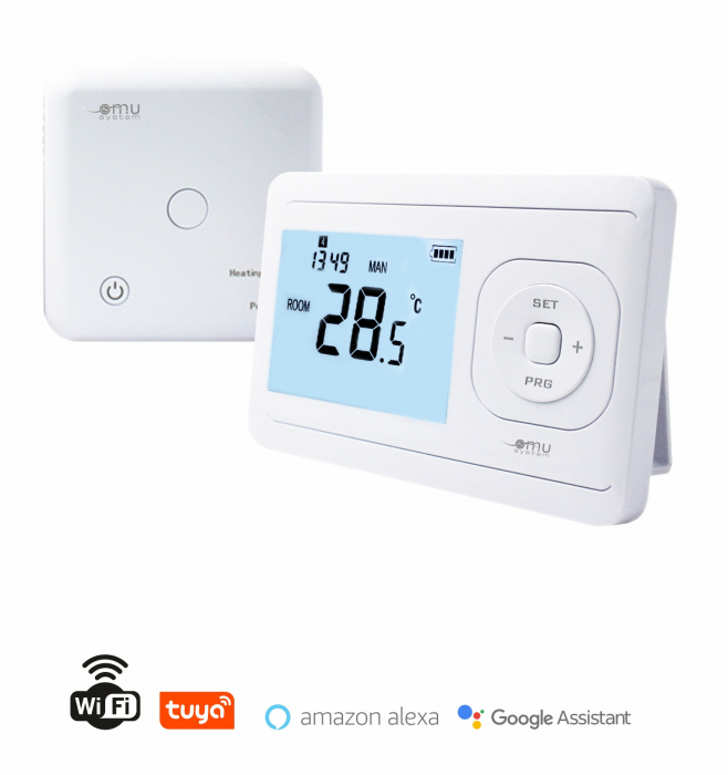 Termostat de cameră digital wireless Wifi programabil Tuya, Alexa, Google, -5°C – +30°C, senzor NTC 10K, IP30 , alimentare cu 2 × baterii AAA (nu sunt incluse) și USB-C [3]