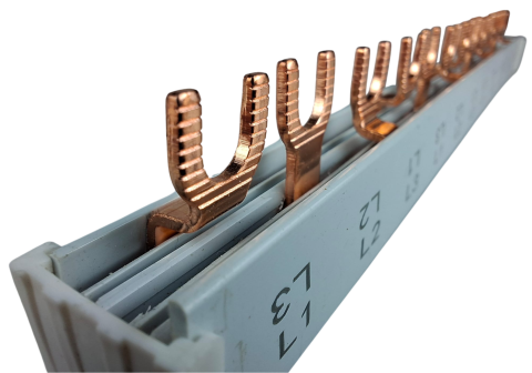 Bara Pieptene busbar OMU SYSTEM 3 poli 63A izolata 210mm 10mm² tip furca U, 12 (4x3) module pentru conexiuni electrice 230/400V AC [5]