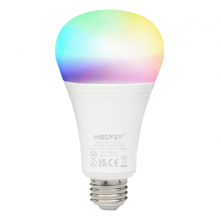 Becuri LED - Bec Miboxer Mi-Light E27 12W RGB+CCT 110lm/W 1300lm 140x74mm 16 milioane de culori, temperatura de culoare reglabila, intensitatea luminii ajustabila, control pana la 30 de metri 2.4 GHz