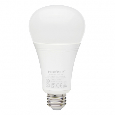 Bec Miboxer Mi-Light E27 12W RGB+CCT 110lm/W 1300lm 140x74mm 16 milioane de culori, temperatura de culoare reglabila, intensitatea luminii ajustabila, control pana la 30 de metri 2.4 GHz [1]