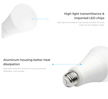 Bec Miboxer Mi-Light E27 12W RGB+CCT 110lm/W 1300lm 140x74mm 16 milioane de culori, temperatura de culoare reglabila, intensitatea luminii ajustabila, control pana la 30 de metri 2.4 GHz [8]