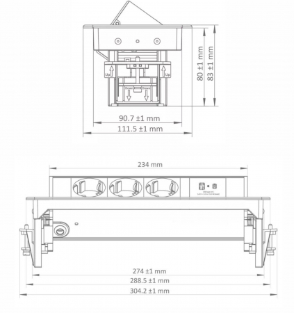 Bloc de prize incastrabil in blat/birou OMU system MSD8 3G2U cu 3 prize schuko 16A USB A+C 2,4A, inox 230V 1.8metri cablu 3G1.5 [1]