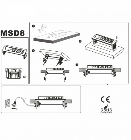 Bloc de prize incastrabil in blat/birou OMU system MSD8 3G2U cu 3 prize schuko 16A USB A+C 2,4A, inox 230V 1.8metri cablu 3G1.5 [5]