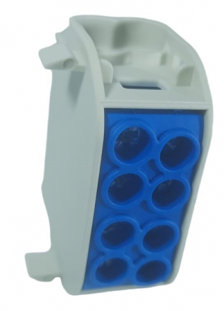 Clemă de distribuție - derivație albastră Cu-Al 152A / 101A pe șină DIN 1 pol 2 intrări / borne (16+25mm²) si 2 ieșiri (16+25mm²) 1000V AC/DC [1]