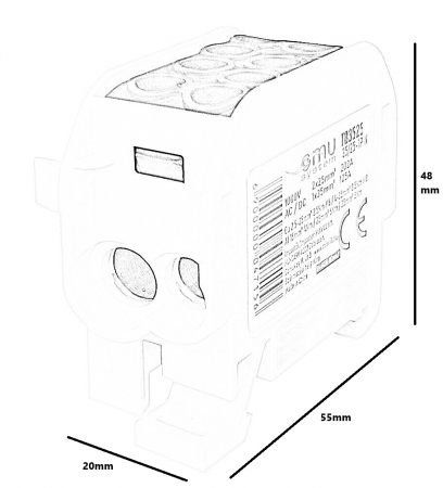 Clemă de distribuție - derivație albastră Cu-Al 202A / 125A pe șină DIN 1 pol 2 intrări / borne (25+35mm²) si 2 ieșiri (25+35mm²) 1000V AC/DC [1]