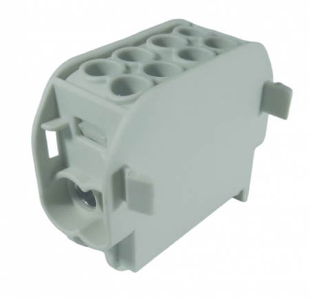Clemă de distribuție - derivație gri Cu-Al 152A / 101A pe șină DIN 1 pol 2 intrări / borne (16+25mm²) si 2 ieșiri (16+25mm²) 1000V AC/DC [3]