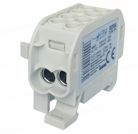Accesorii electrice - Clemă de distribuție - derivație gri Cu-Al 152A / 101A pe șină DIN 1 pol 2 intrări / borne (16+25mm²) si 2 ieșiri (16+25mm²) 1000V AC/DC