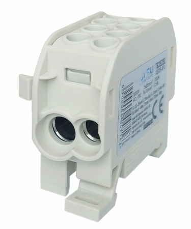Accesorii electrice - Clemă de distribuție - derivație gri Cu-Al 202A / 125A pe șină DIN 1 pol 2 intrări / borne (25+35mm²) si 2 ieșiri (25+35mm²) 1000V AC/DC