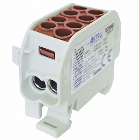Fotovoltaice - Clemă de distribuție - derivație maro Cu-Al 152A / 101A pe șină DIN 1 pol 2 intrări / borne (16+25mm²) si 2 ieșiri (16+25mm²) 1000V AC/DC
