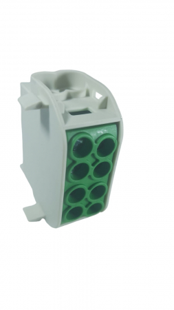 Clemă de distribuție - derivație verde Cu-Al 152A / 101A pe șină DIN 1 pol 2 intrări / borne (16+25mm²) si 2 ieșiri (16+25mm²) 1000V AC/DC [5]
