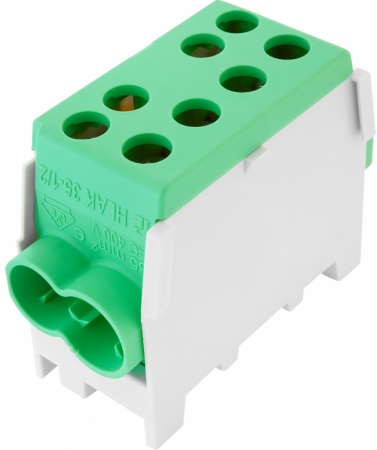 Clema de distributie - derivatie verde Cu - Al pe sina DIN 1 pol 2 intrari (35+25mm2) si 2 iesiri (35+25mm2) [1]