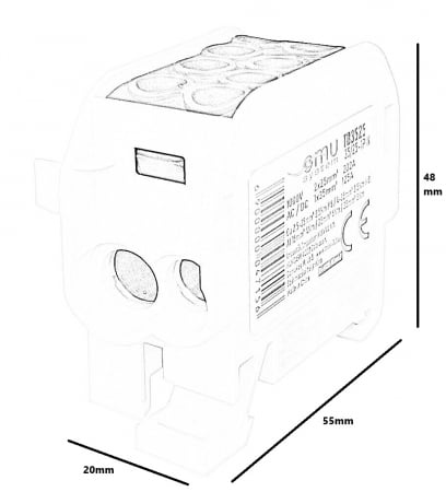 Clemă de distribuție - derivație verde PE Cu-Al 202A / 125A pe șină DIN 1 pol 2 intrări / borne (25+35mm²) si 2 ieșiri (25+35mm²) 1000V AC/DC [1]