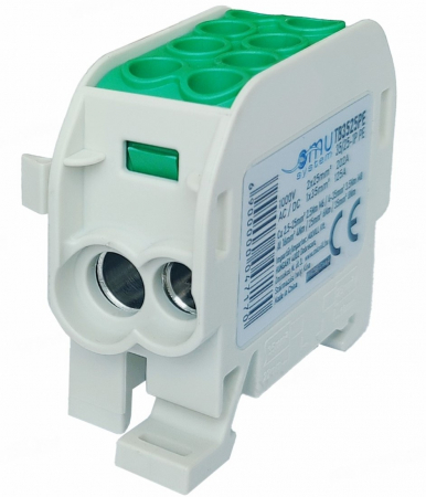 Accesorii electrice - Clemă de distribuție - derivație verde PE Cu-Al 202A / 125A pe șină DIN 1 pol 2 intrări / borne (25+35mm²) si 2 ieșiri (25+35mm²) 1000V AC/DC