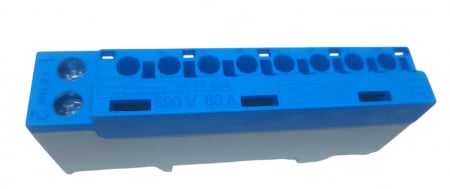 Clema terminala albastra nul 80A 690V 2x1,5 - 10/16 mm² si   8 x 1,5 - 6 mm² derivatie distributie  montare pe sina [4]