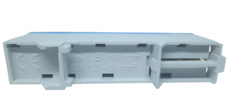 Clema terminala albastra nul 80A 690V 2x1,5 - 10/16 mm² si   8 x 1,5 - 6 mm² derivatie distributie  montare pe sina [3]