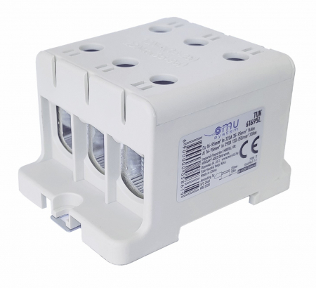 Cleme - Clema terminala conexiune 1 pol gri Cu-Al 6 gauri 16-95mm²​​​​​​​ montare pe sina DIN 35mm 290A (Al) 320A ( Cu) cu surub imbus