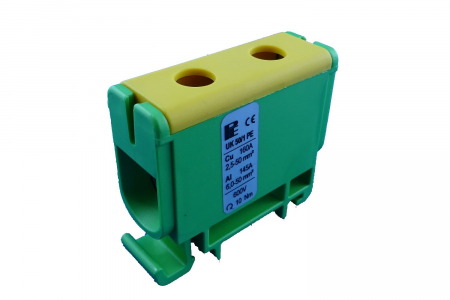 Cleme pe sina DIN - Clema terminala conexiune 1 pol verde galben Cu-Al 2x50mm²​​​​​​​ montare pe sina DIN 35mm 145A (Al) 160A ( Cu)