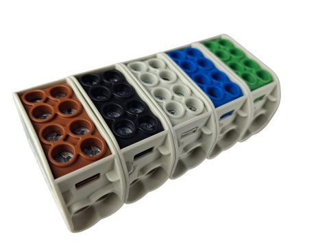 Accesorii electrice - Cleme de distributie derivatie pentru conexiuni trifazice 25mm²/16mm² Cu-Al montaj pe sina DIN 152A 4 intrari per pol/clema
