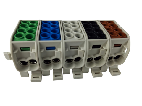 Cleme de distributie derivatie pentru conexiuni trifazice 25mm²/16mm² Cu-Al montaj pe sina DIN 152A 4 intrari per pol/clema [2]