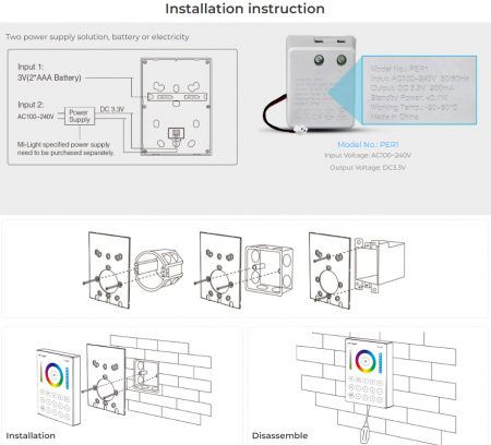 Controller Mi-Light B8 Miboxer Group Control luminozitate, telecomandă cu 8 zone montată pe perete, controler alb pentru temperatura culorii DIM+RGB+CCT [9]