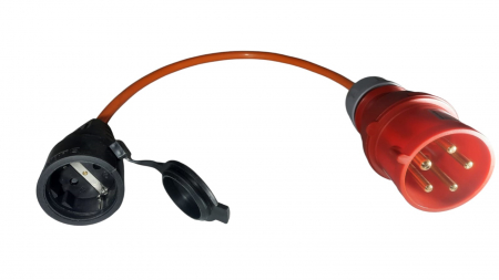 Prize si fise trifazice - Cordon adaptor cu stecher fisa 5 poli 16A 3P+N+E si priza schuko 230V cu capac cauciucata 16A IP44
