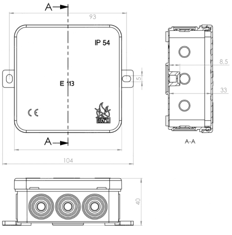 Cutie de joncțiune albă E113WS din PE, 85x85x40mm, IP54, fără halogeni cu 15 insertii de 2,5 mm² [1]