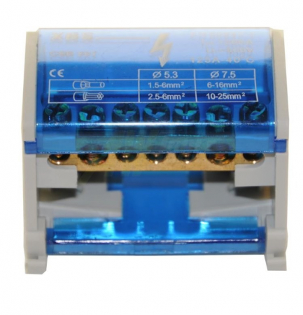Distribuitor conexiuni 2 poli cu 7 gauri 100A 500V 65x51x45mm prindere pe sina DIN [2]