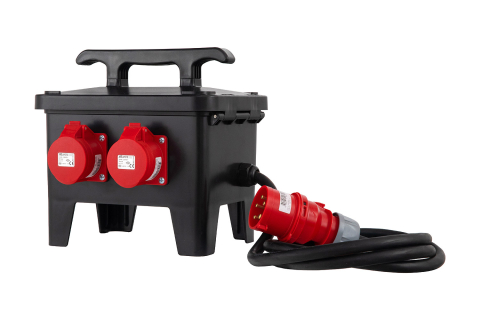 Distribuitor de curent, organizare de santier cu 2 prize 5 poli 16A si 4 prize 230V schuko, cu sigurante Schneider, intrare 2m cablu H07RN-F 5G4 si fisa 5 poli 32A si protectie diferentiala, IP44 [3]