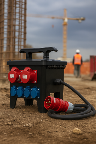 Distribuitor de curent, organizare de santier cu 2 prize 5 poli 16A si 4 prize 230V schuko, cu sigurante Schneider, intrare 2m cablu H07RN-F 5G4 si fisa 5 poli 32A si protectie diferentiala, IP44 [15]
