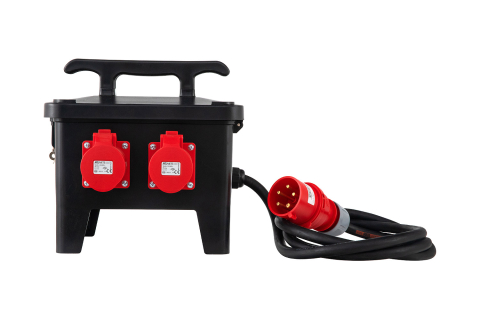 Distribuitor de curent, organizare de santier cu 2 prize 5 poli 16A si 4 prize 230V schuko, cu sigurante Schneider, intrare 2m cablu H07RN-F 5G4 si fisa 5 poli 32A si protectie diferentiala, IP44 [2]