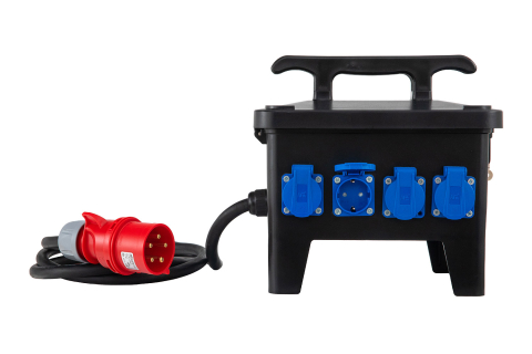Tablouri din plastic - Distribuitor de curent, organizare de santier cu 2 prize 5 poli 16A si 4 prize 230V schuko, cu sigurante Schneider, intrare 2m cablu H07RN-F 5G4 si fisa 5 poli 32A si protectie diferentiala, IP44