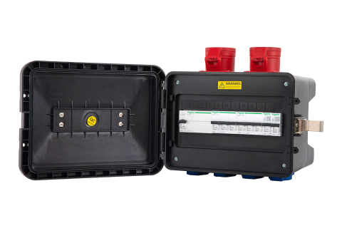 Distribuitor de curent, organizare de santier cu 2 prize 5 poli 16A si 4 prize 230V schuko, cu sigurante Schneider, intrare 2m cablu H07RN-F 5G4 si fisa 5 poli 32A si protectie diferentiala, IP44 [11]
