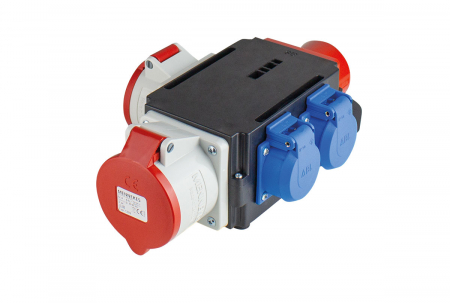 Prelungitoare - Distribuitor de curent trifazic MIXO CEE maxim 11kW intrare 5 poli 16A 400V iesire 5 poli 16A 400V, 5 poli 32A 400V si 2 prize schuko 230V IP44