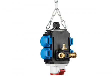 Distribuitoare de curent - Distribuitor de energie suspendat 1 priza trifazica 400V 5 poli 16A IP44 si cu 4 prize monofazice schuko 16A IP44 cu conexiune la aer comprimat