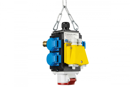 Distribuitoare de curent - Distribuitor de energie suspendat 1 priza trifazica 400V 5 poli 16A IP44 si cu 4 prize monofazice schuko 16A IP44 cu conexiune la aer comprimat si conexiune de date