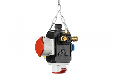 Distribuitor de energie suspendat cu 1 priza trifazica 400V 5 poli 16A 1 priza trifazica 400V 32A 5 poli si 1 prize monofazica schuko IP44 cu conexiune la aer comprimat [1]