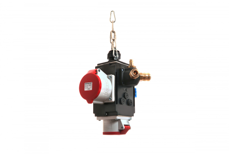 Distribuitoare de curent - Distribuitor de energie suspendat cu 1 priza trifazica 400V 5 poli 16A 1 priza trifazica 400V 32A 5 poli si 1 prize monofazica schuko IP44 cu conexiune la aer comprimat