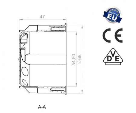 Doza aparataj rigips diametru: 68mm, adancime: 47mm cu gauri predecupate pentru cabluri si tuburi IP30 [4]