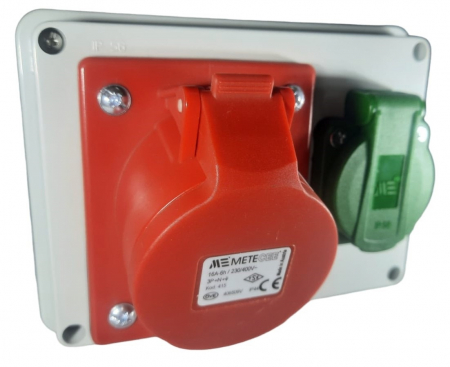 Doza aplicata precablata echipata cu 1 priza 5 poli 3P+N+E 16A 400V si 1 priza schuko 16A 230V IP44 150x110mm [6]