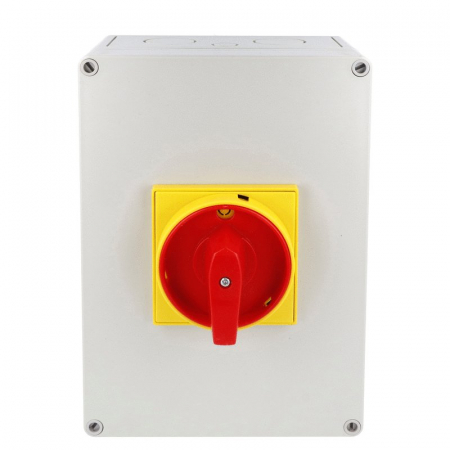 Intrerupator 125A 37kw 0-1 ON-OFF 3 poli IP65 254x180mm cu came industrial aplicat casetat cu maner galben rosu [1]