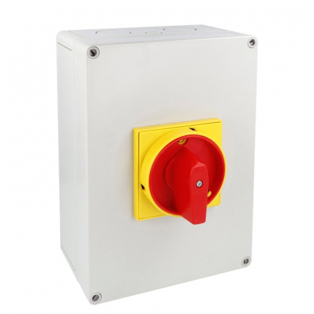 Intrerupatoare pentru tablouri electrice - Intrerupator 125A 37kw 0-1 ON-OFF 3 poli IP65 254x180mm cu came industrial aplicat casetat cu maner galben rosu