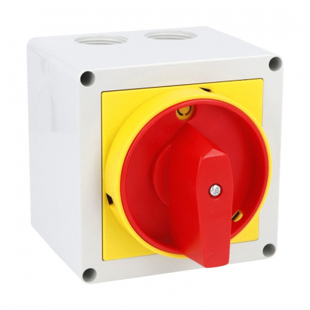 Intrerupatoare pentru tablouri electrice - Intrerupator 32A 11kw 0-1 ON-OFF 3 poli IP65 90x90mm cu came industrial aplicat casetat cu maner galben rosu