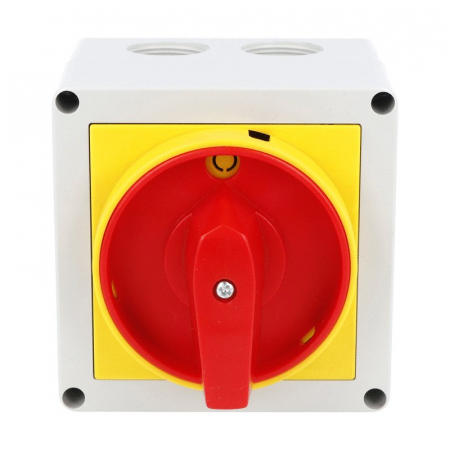 Intrerupator 40A 15kw 0-1 ON-OFF 3 poli IP65 110x110mm cu came industrial aplicat casetat cu maner galben rosu [1]