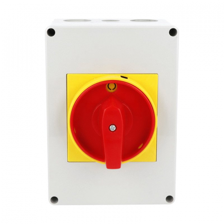 Intrerupator 63A 18.5kw 0-1 ON-OFF 3 poli IP65 125x175mm cu came industrial aplicat casetat cu maner galben rosu [1]