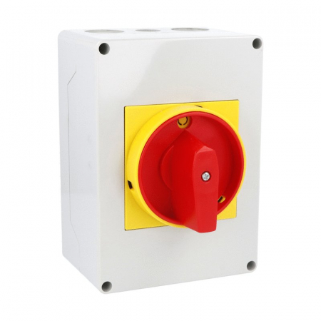 Intrerupatoare pentru tablouri electrice - Intrerupator 63A 18.5kw 0-1 ON-OFF 3 poli IP65 125x175mm cu came industrial aplicat casetat cu maner galben rosu