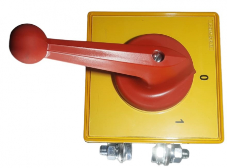 Intrerupator industrial cu came incastrabil Koncar ON-OFF 3P 400A 0-1 IP40 cu placa galbena de urgenta 132x132mm si maner rosu [6]